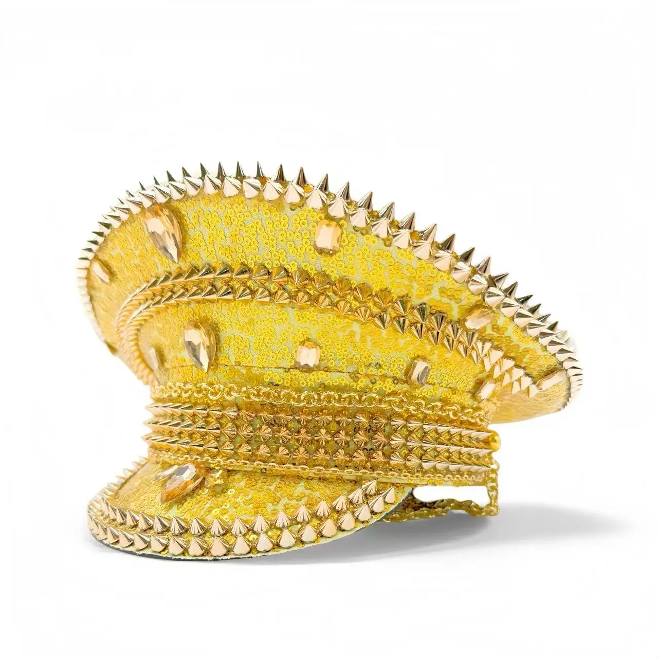 HongLuan Chapéu de capitão com laço de couro amarelo laser strass e bonés militares para mulheres, acessórios para festivais rave e boné de festa masculino