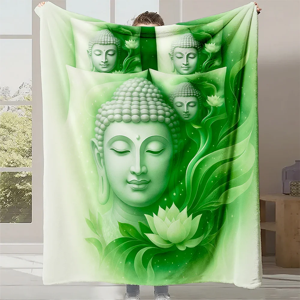 1pc Green & Mint Buddha for Lotus Zen Meditation Blanket - Plush Quilted Flannel-like Tibetan-Inspired Buddhist Art with Smiling