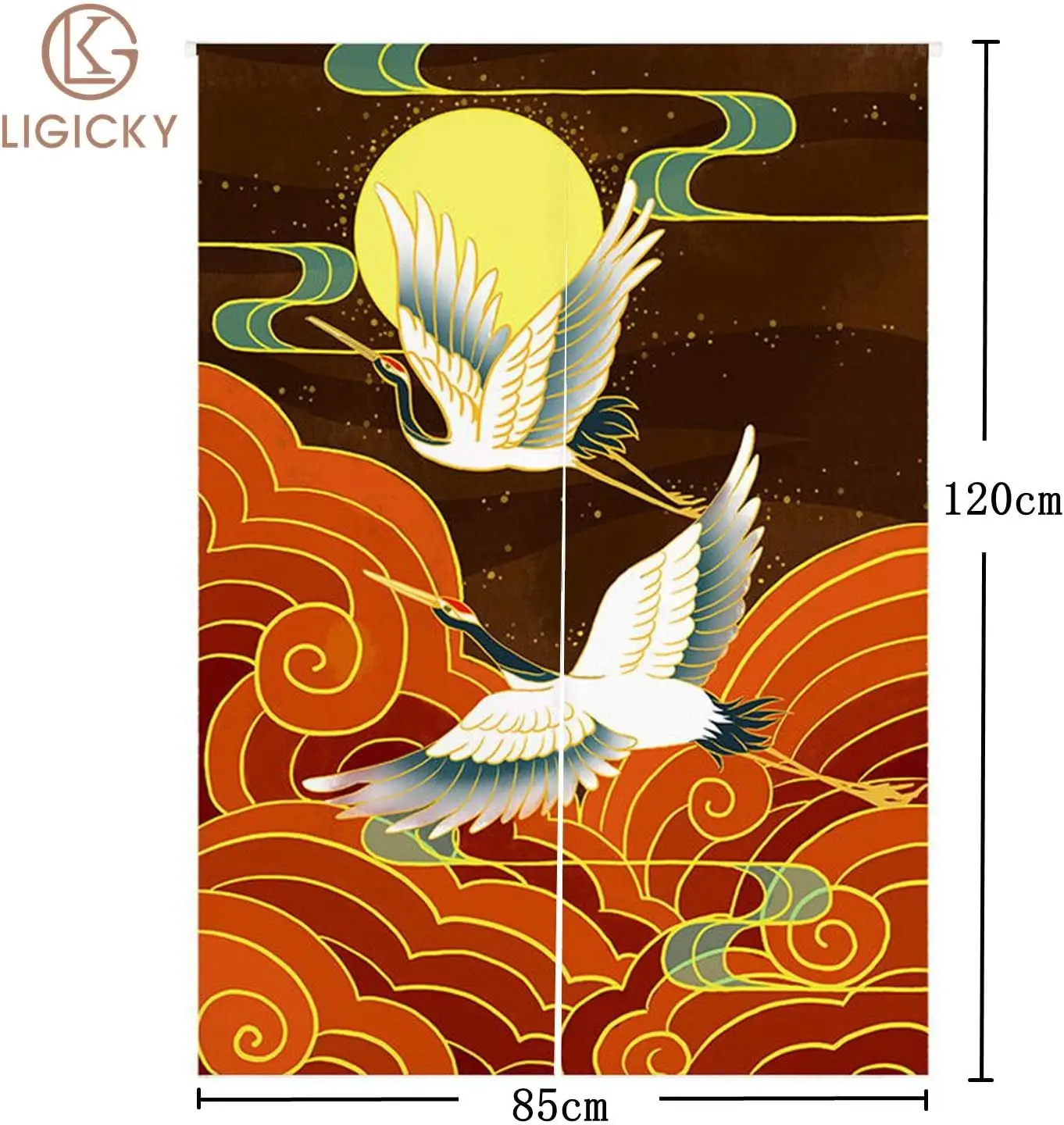 Japanese Style Doorway Curtain Noren Cotton Linen Cranes and Moon Printed Window Treatment Hanging Door Tapestry for Decoration