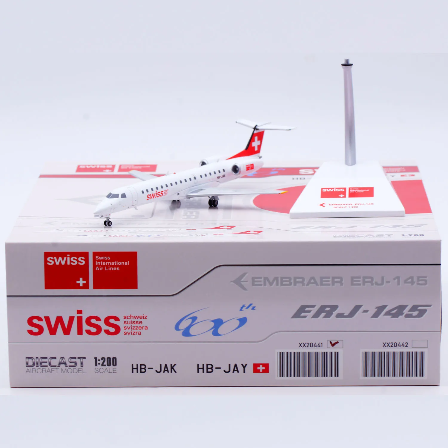 

XX20441 Alloy Collectible Plane Gift JC Wings 1:200 Swiss Airlines EMBRAER ERJ-145 Diecast Aircraft Jet Model HB-JAK With Stand