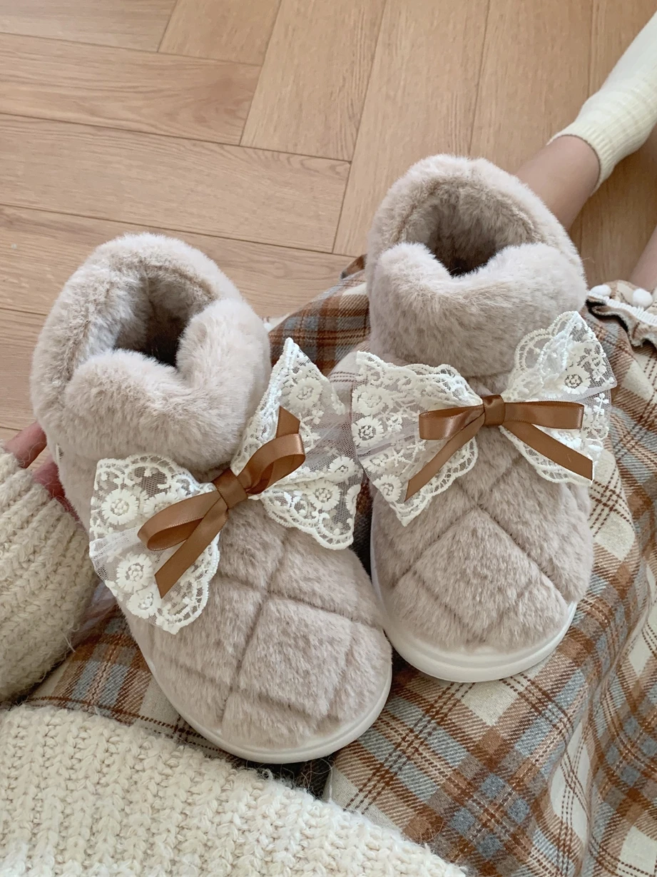 

Women Home Boots Lace Bow Cotton Shoes For Winter Warmth Thickened Anti Slip Snow Boots For Women