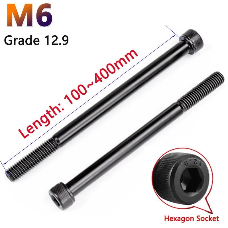 

Grade 12.9 M6 Black Hexagon Hex Socket Head Cap Allen Bolt Screw Over Ultra Long 100 105 110 115-400mm Half Thread Carbon Steel