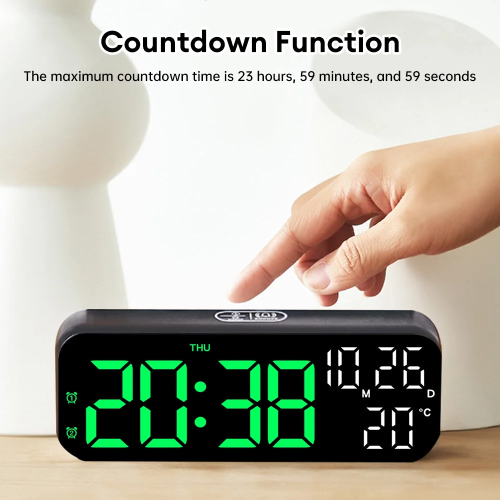 Big Digital LED Alarm Clock with Date Temperature Display Voice Control 12/24H Electronic LED Alarm Clocks for Bedroom