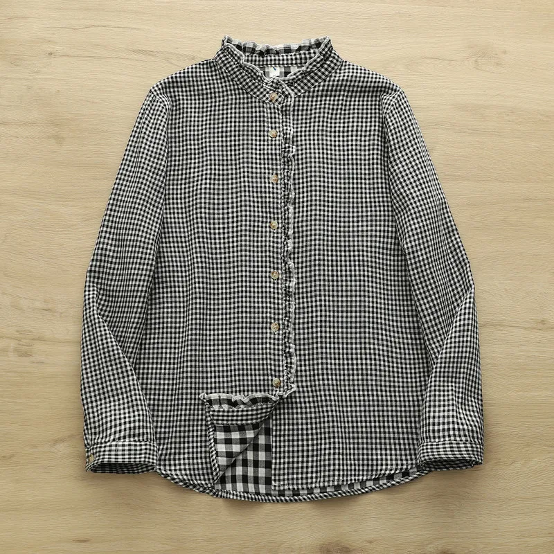 เสื้อเชิ้ตแขนยาวผ้าฝ้ายลายสก็อตแต่งระบายสไตล์โมริเกิร์ล  สำหรับผู้หญิง  รุ่นใหม่ประจำฤดูใบไม้ร่วงปี 2025  สไตล์เรียบง่าย  ใส่ได้หลายโอกาส  ทรงหลวม  รุ่น T59222CC