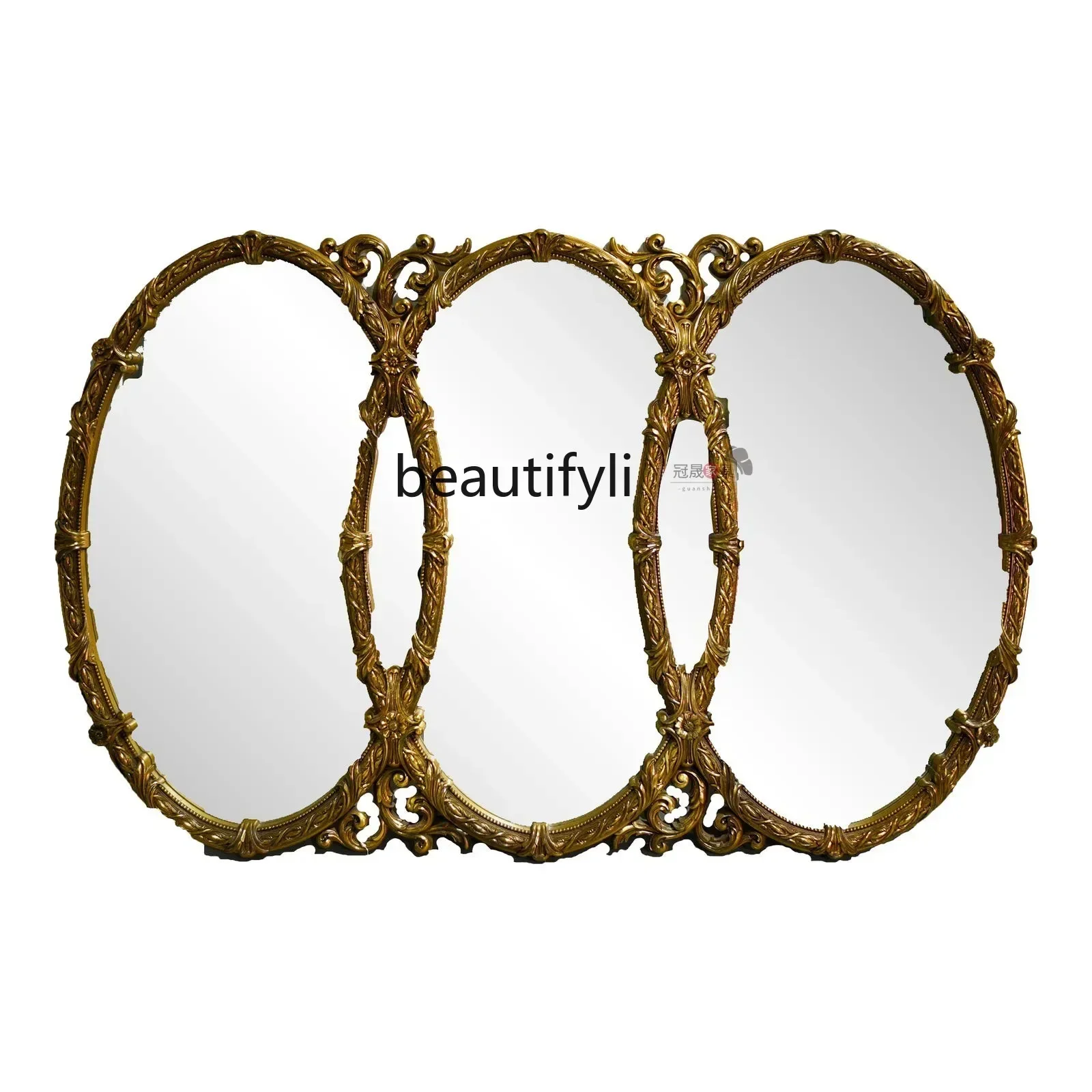 cqyEuropean retro makeup mirror wall hanging bathroom carved three-sided mirror special-shaped bedroom splicing mirror