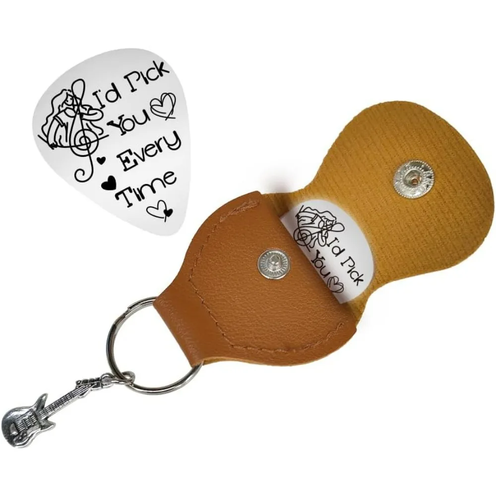 Guitar Picks Gifts I'd Pick You Every Time 1pc Guitar Pick Keychain Stainless Steel Plectrum Guitar Set with PU Leather Case