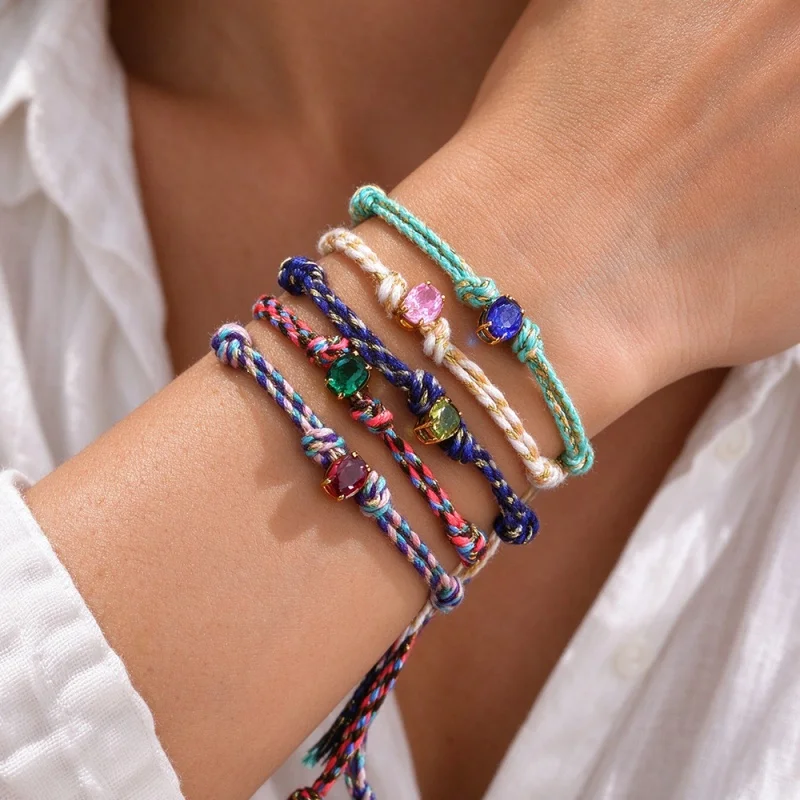 Multicolored Gold-Threaded, Two-Tone, Oval Zirconia Adjustable Braided Bracelet