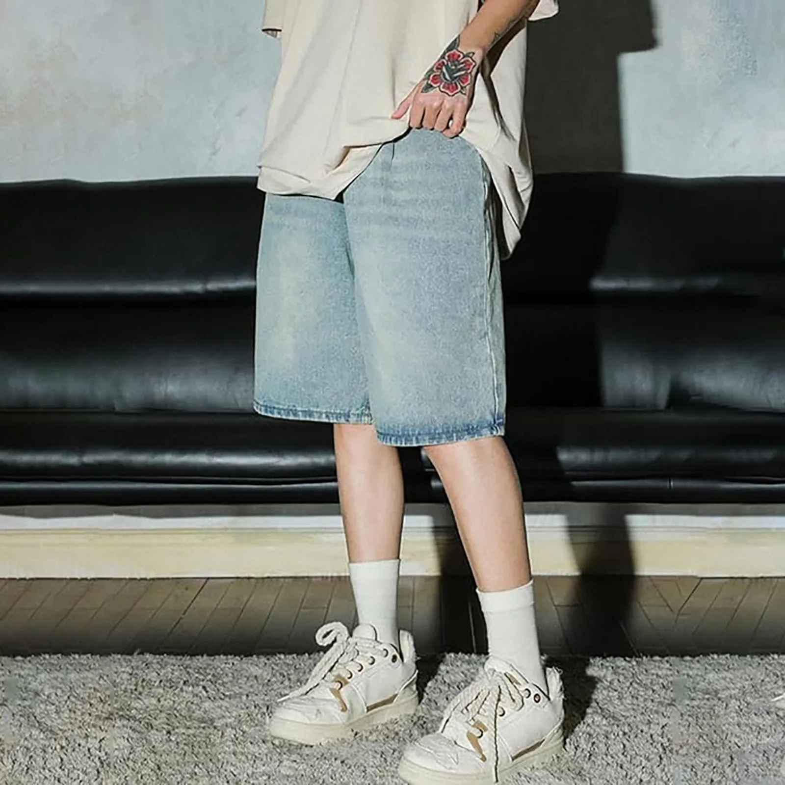 Vintage Denim Straight Shorts for Man Summer Casual Loose High Waisted Shorts Wide Leg Streetwear Jeans Knee Length Shorts