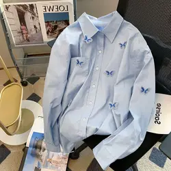 Camisa de borboleta estereoscópica, design pequeno, fino estilo retrô de Hong Kong, moda senso high-end, primavera e outono, nova, 2023