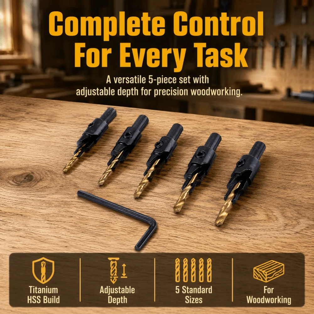 6PCS HSS Steel 4241 Countersink Drill Bit Set 1/4 Inch Hex Shank Round Shank Woodworking Drill Bit Set Tapered Design