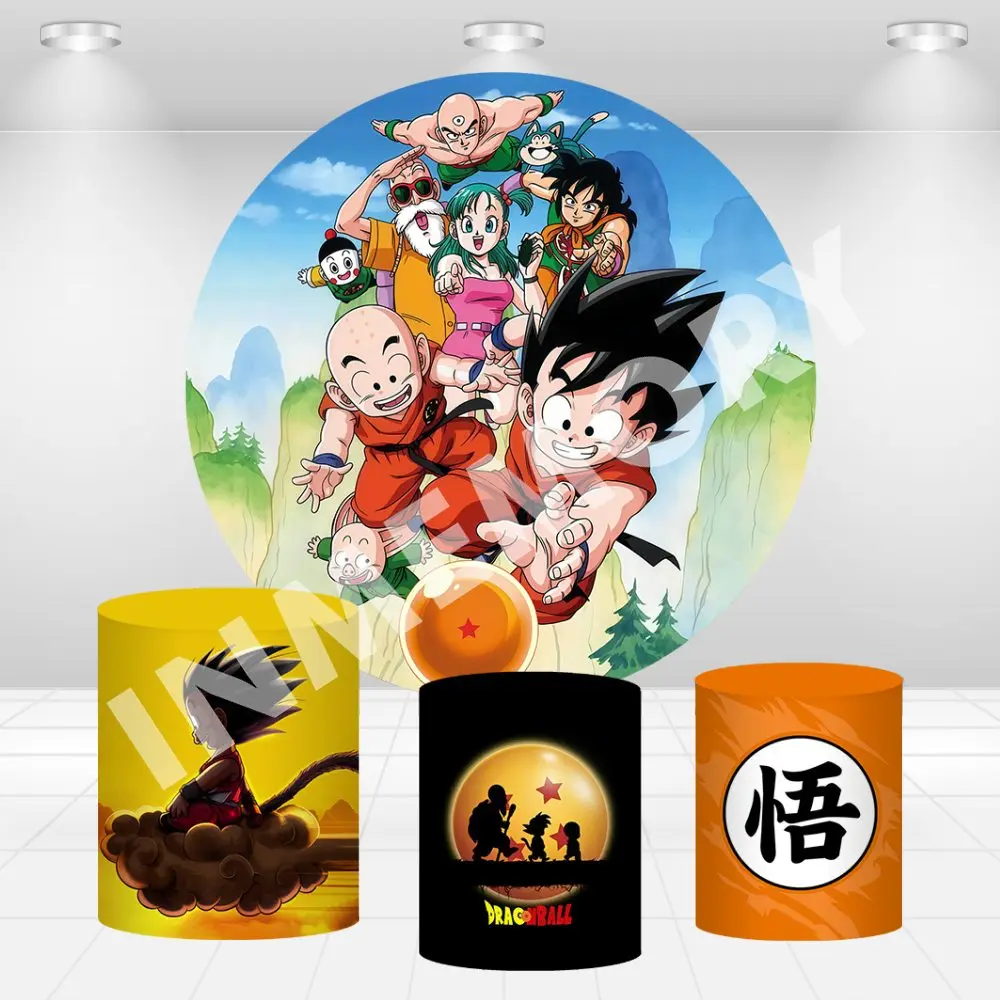 Dragon Ball Round Cover Polyester Elastic Son Goku Circle Backdrop Boys Birthday Party Decoration Baby Shower Cylinder Covers