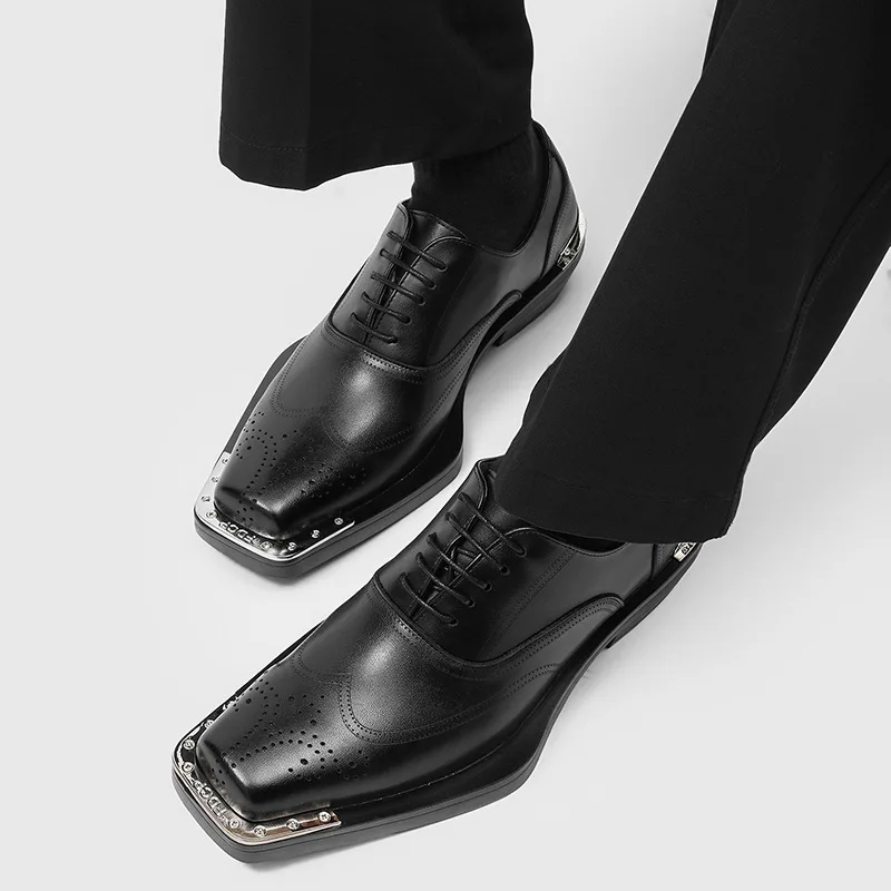 Square Toe Thick Heel Men Dress Shoes Metal Toe Anti Kick Carved Casual Fashionable Retro Derby Shoes Men Oxford Wedding Footwea