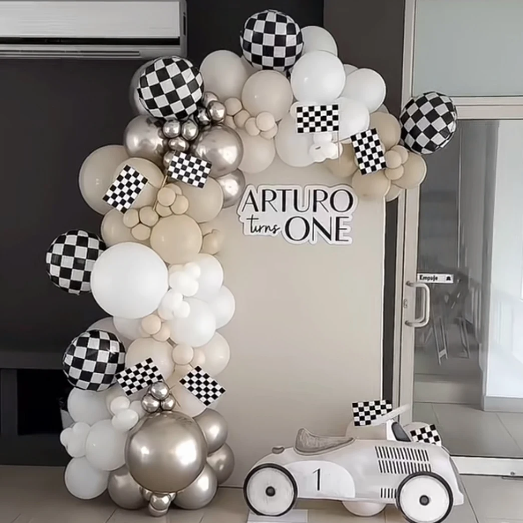 Retro racing themed balloon set beach white black and white checkered balloons with black and white flags suitable for birthday