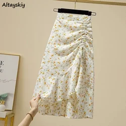 Skirts Women Shirring Floral Midi Irregular Design Sweet Retro Prairie Classic Summer Holiday Girlish Mujer Faldas Young College