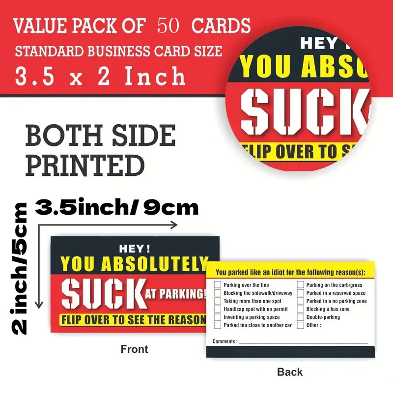 100pcs Parking Violation Sticker Bad Parking Cards Friendly No-stop Prompts You Park Like an Idiot Can Be Removed 3.5x2 Inch