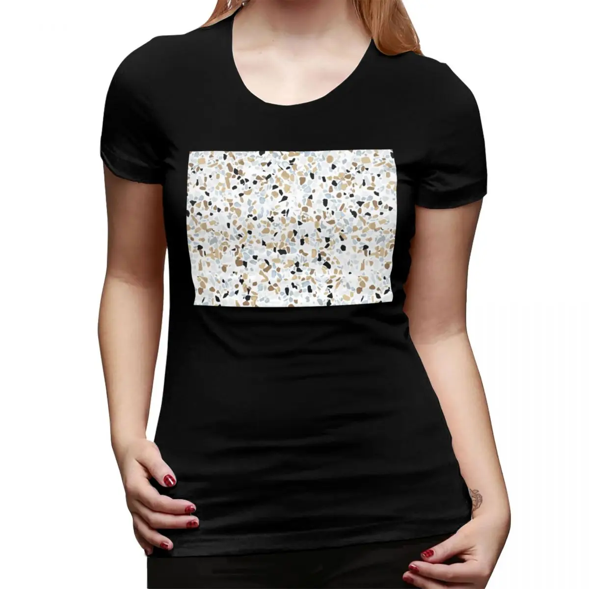 Camiseta feminina sem costura terrazzo pedra padrão verão manga curta camisetas tripulação pescoço algodão t camisas roupas topos streetwear