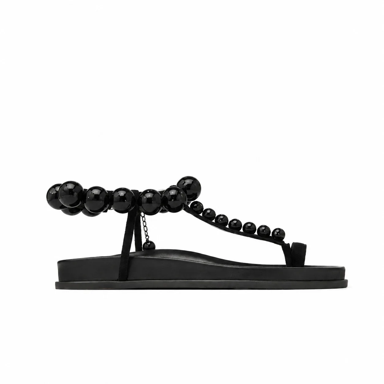 Summer New Women Black Beaded Thong Sandals Low Heel Ankle Strap Toe Post Beach Vacation Casual Fashion Daily Sandals Large Size