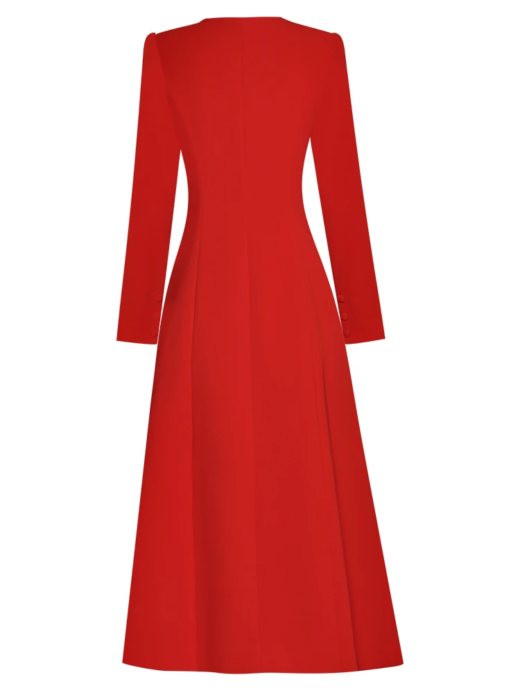 Fashion Runway dress Autumn Winter Women Dress O-neck Bow Long Sleeve Single Breasted Split Thickened Red Dresses