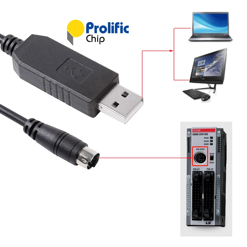 Prolific PL2303 USB to 6-pin Mini Din RS232 Serial Communication Cable For LS XGB XBM XBC PLC to PC Control Download Cable