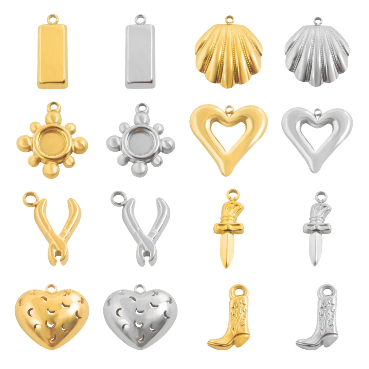 10pcs Stainless Steel PVD Plated Stereo Rectangle Short Sword Heart-Shaped Moon Hollow Thigh-High Boot Pincers Creative Pendants