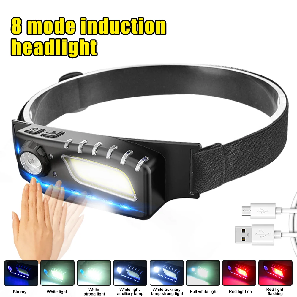 

Powerful White+Red+Blue 8-Modes Headlamp Motion Sensor Headlight USB Rechargeable 3 Light Source Fishing Lantern Head Torch