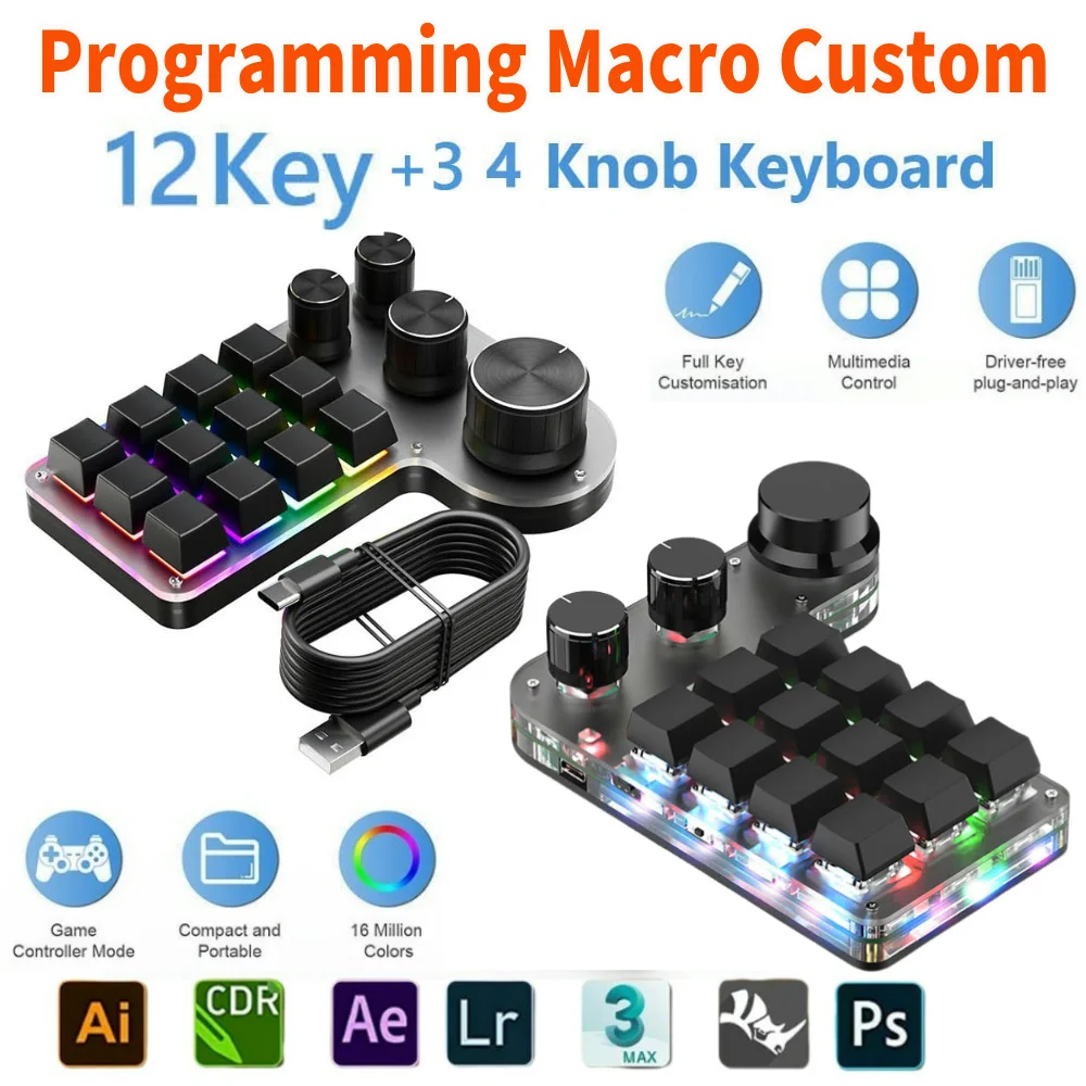 

Макро-клавиатура для программирования, 12 клавиш, 3 ручки, 4 ручки, USB, проводная/Bluetooth, механическая игровая клавиатура RGB с возможностью горячей замены, красный переключатель