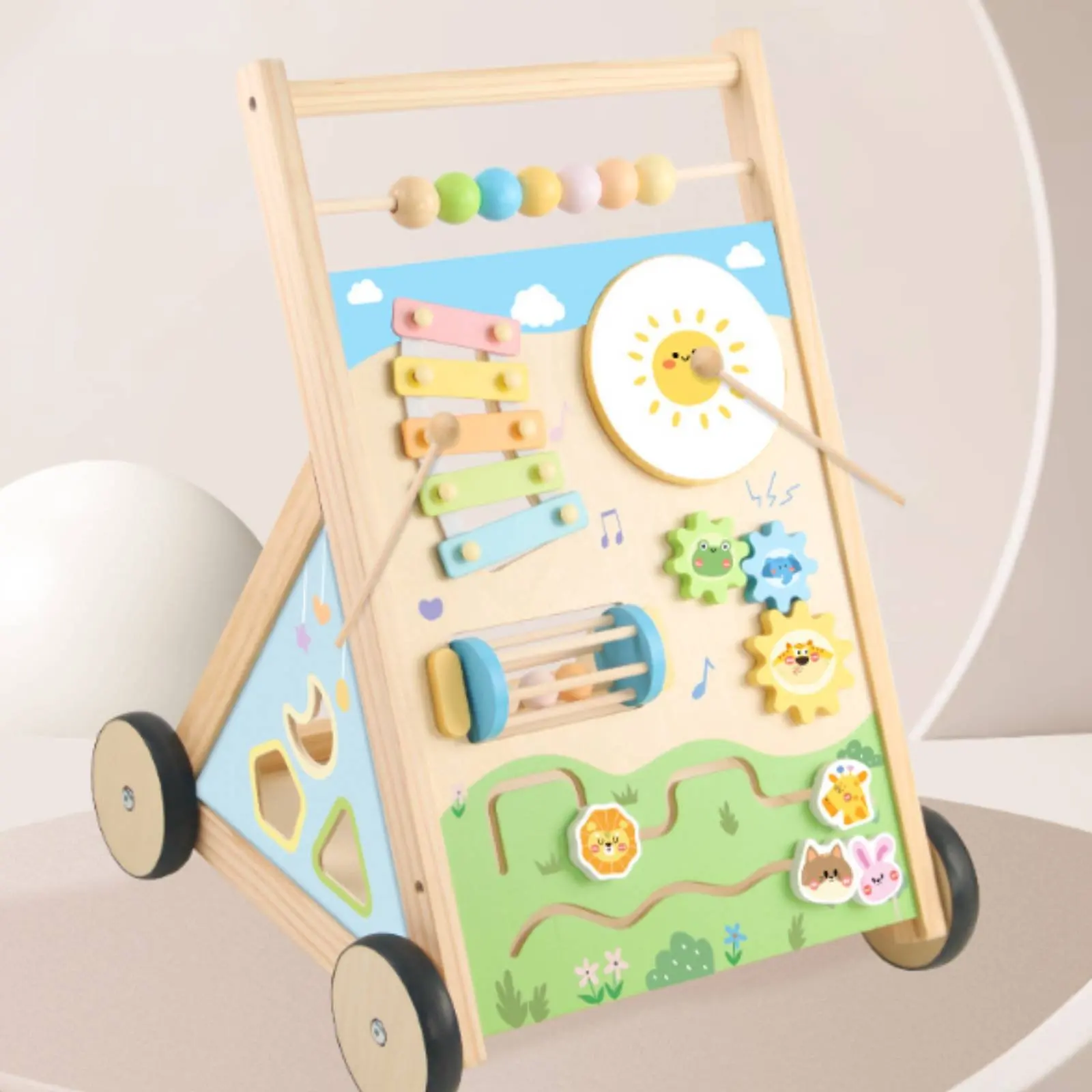 

Multifunctional Learning Mover Anti-Anti-Tip Design Wooden Activity Mover Baby Push Push Toy with Activity Hub for Playroom