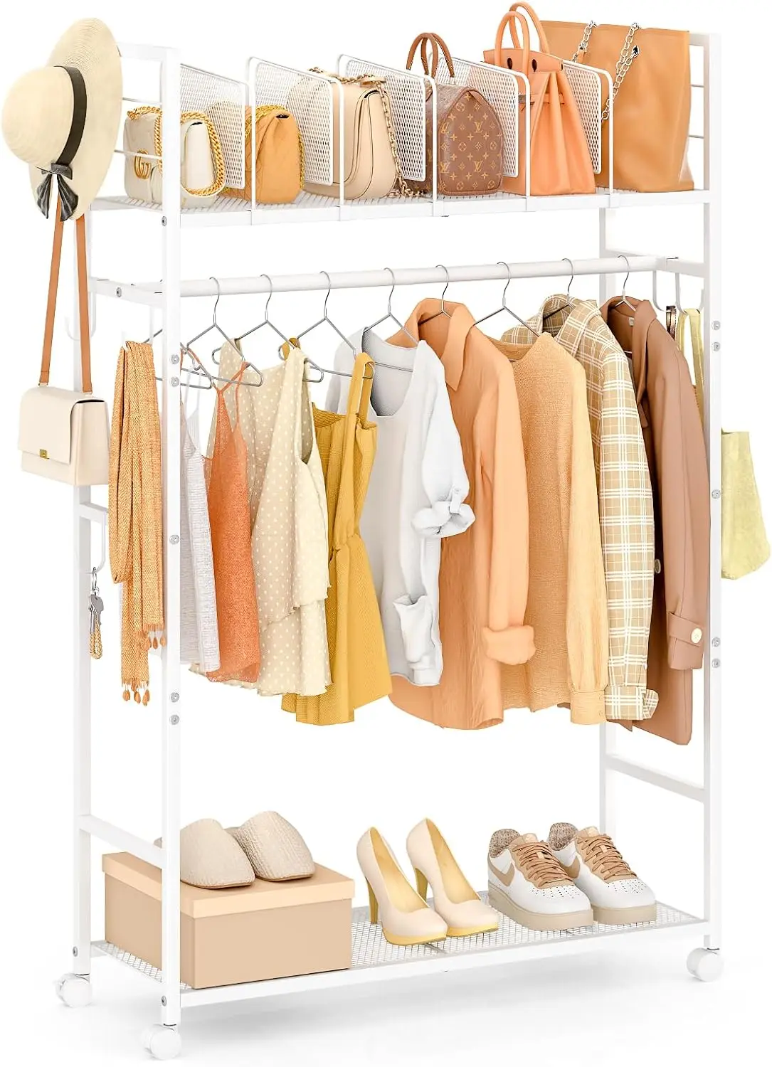 

Portable Clothes Rack with Adjustable Shelf Divider, Freestanding Closet Organizers and Storage, Garment Rack and Purse Stora