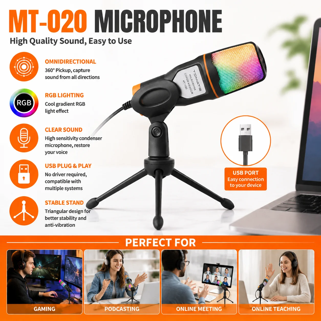 MT-020 USB Condenser Microphone Portable Plug & Play Recording Omnidirectional Mic for Gaming Podcast Streaming Online Meeting