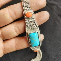 MaiChuang/Tibetan Silver Inlaid Turquoise Agate Ethnic Characteristic Bracelet Adjustable Fashion Jewelry Men Women Couples Gift