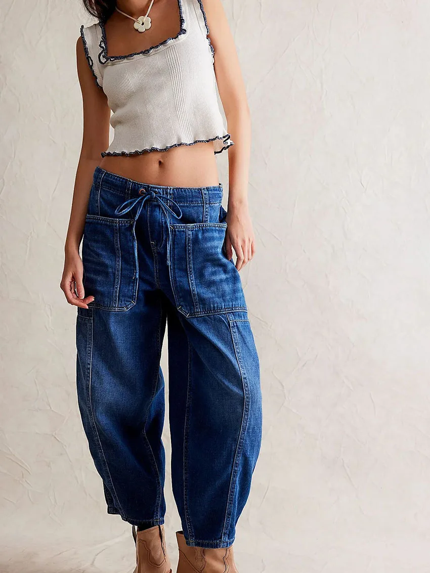 

Новые модные повседневные джинсы с низкой посадкой и прямыми штанинами для женщин, всесезонные свободные зауженные брюки на шнуровке, женские уличные джинсы-карго