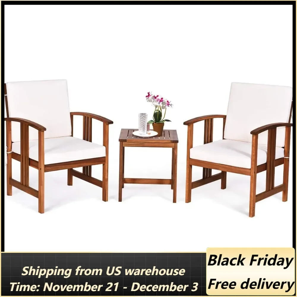 3 Pieces Patio Furniture Set, Includes Set of 2 Outdoor Acacia Wood Cushioned Chairs and Coffee Table, for Garden, Backyard