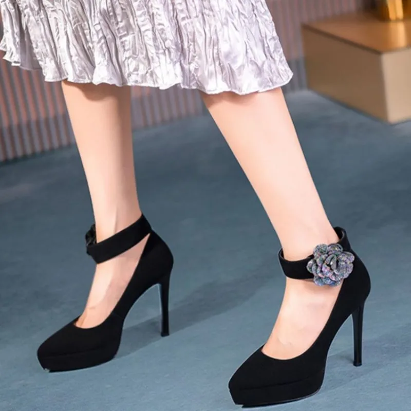 2024 spring hot new black high heel bow frosted workplace female commuter pointy skinny heel working women single shoes