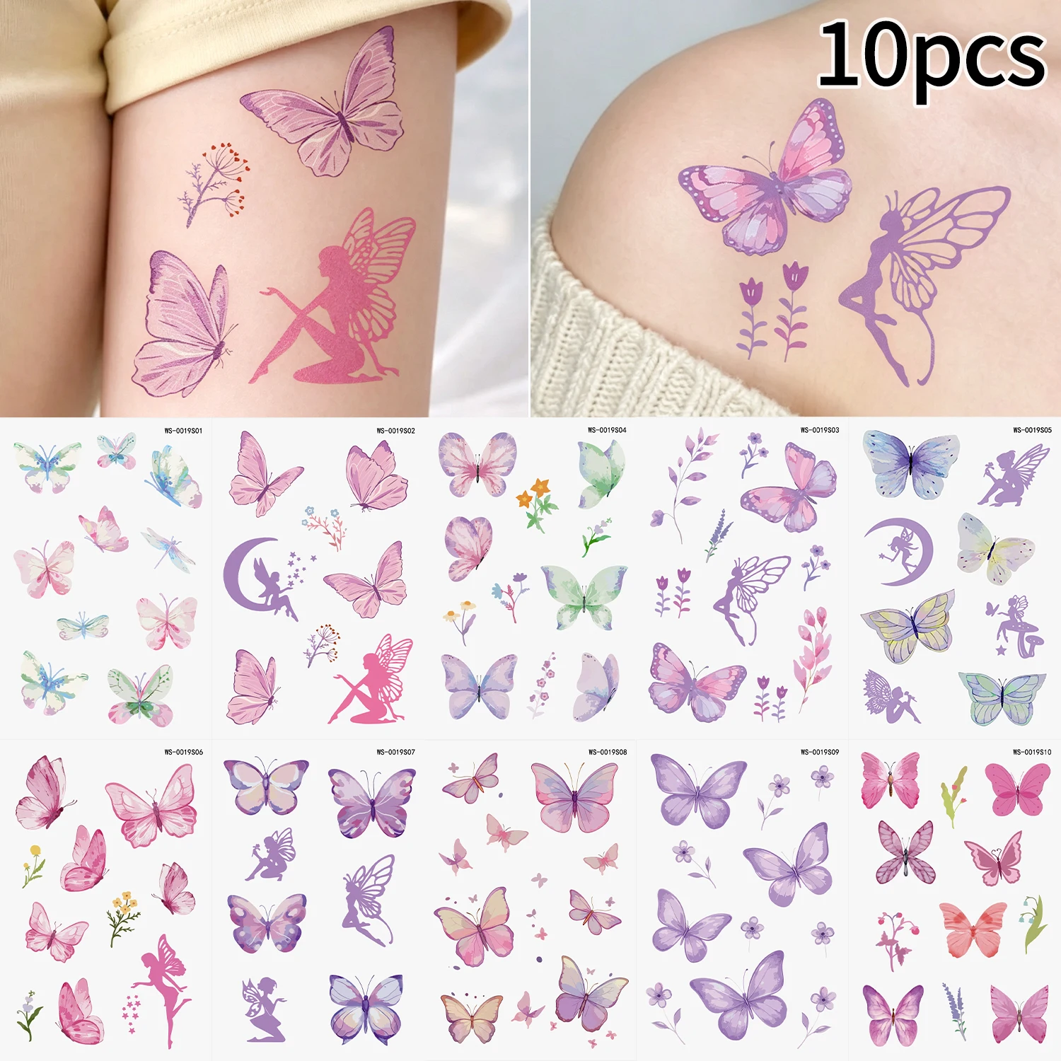 10Pcs Gradient Purple Pink Butterfly Temporary Tattoos Stickers Flower Butterflies Fairy Tattoo Decal for Girl Women Body Decor