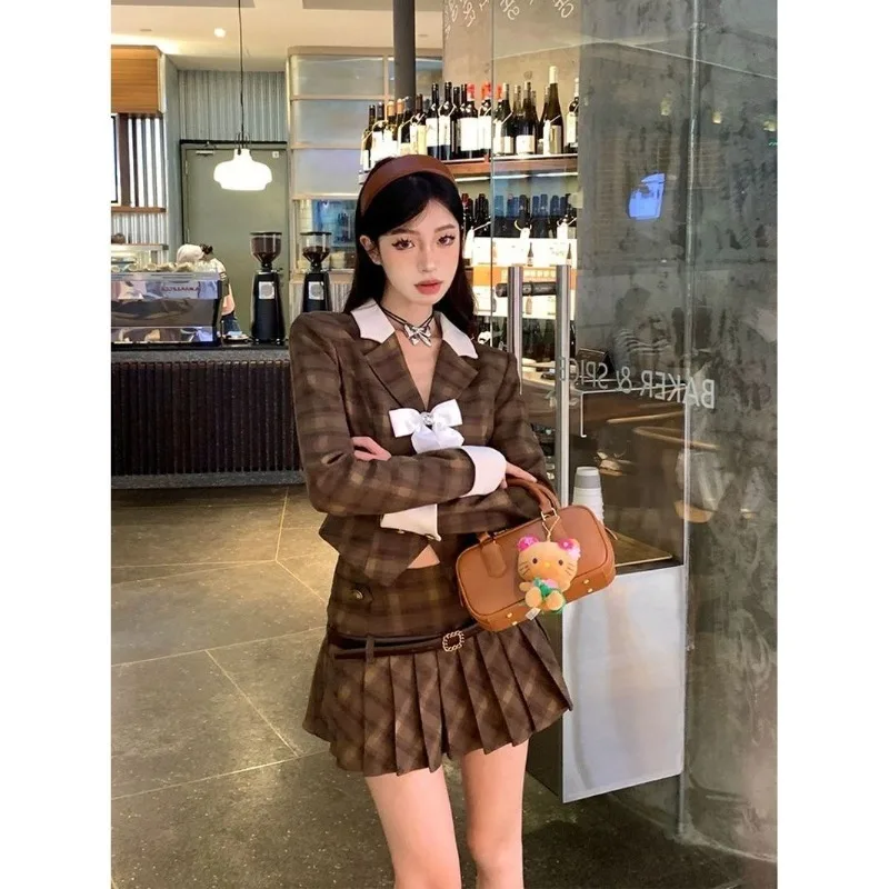 

American fashion retro college style bow tie suit jacket women's autumn pleated plaid skirt two-piece set female clothing