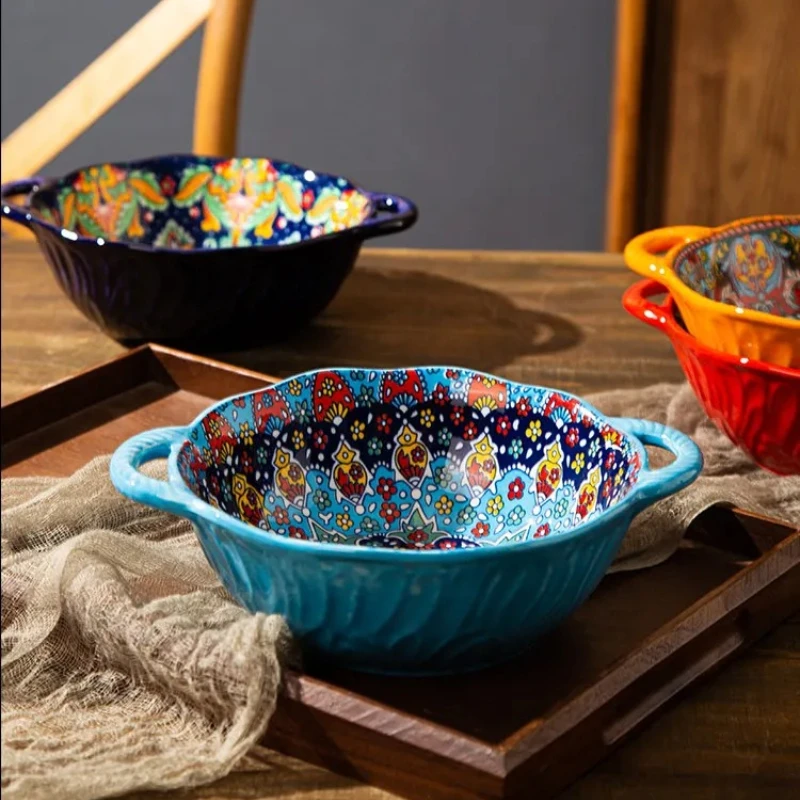 Bohemian Retro Ceramic Tureen Ceramic Double-Eared Soup Bowl Household Large Bowl For Soup