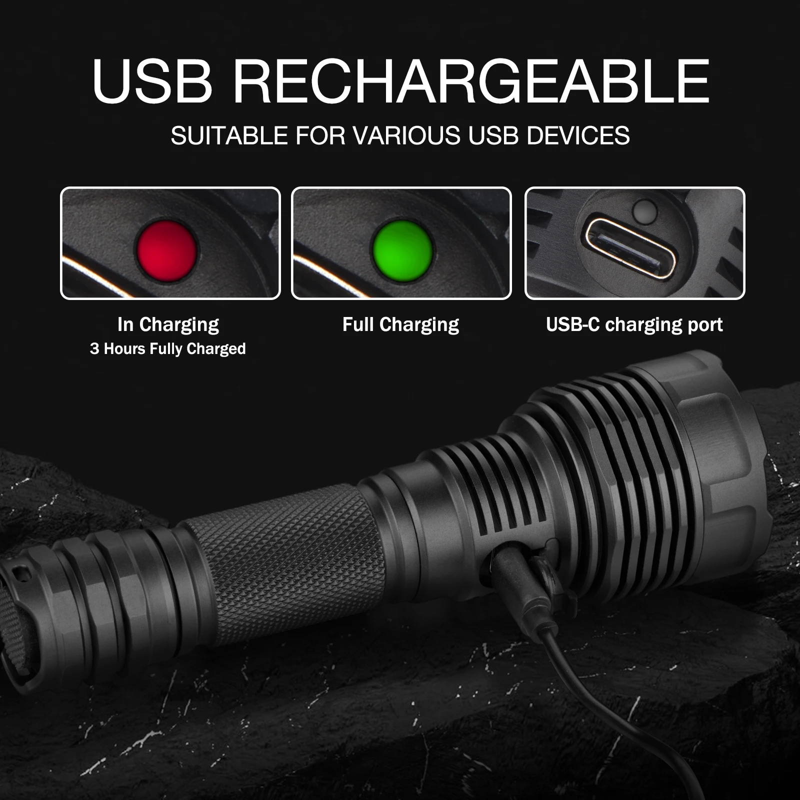 UltraFire C15S 2200ルーメン タクティカル ポリス フラッシュライト 3モード パワフル USB C充電式 アウトドアランプ ポータブルEDCフラッシュライト