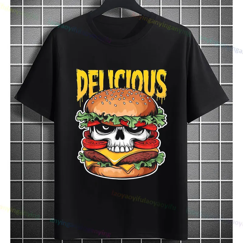 

Мужская и женская оригинальная футболка с рисунком «Вкусный» Skull Burger, повседневная футболка из чистого хлопка с короткими рукавами, уличная одежда