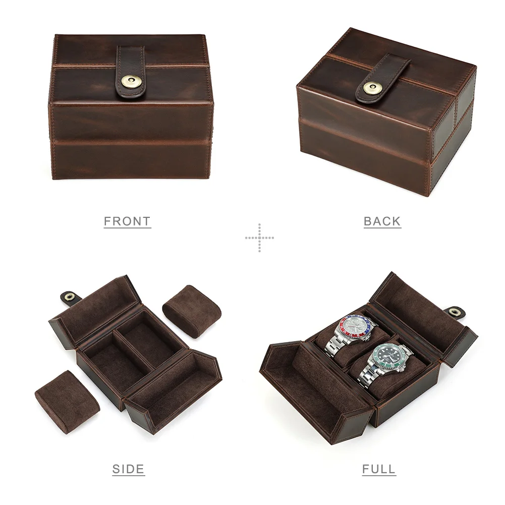 Retro Luxury Genuine Leather 2 Slots Watch Roll Case Travel Portable Organizer Display Storage Box with Pillow Handmade Gifts