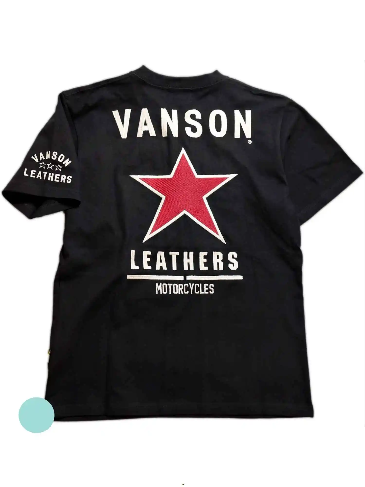 

Мужская черная хлопковая футболка, красная звезда и мотоциклетный узор «VANSON LEATHERS» — повседневный круглый вырез, короткие рукава
