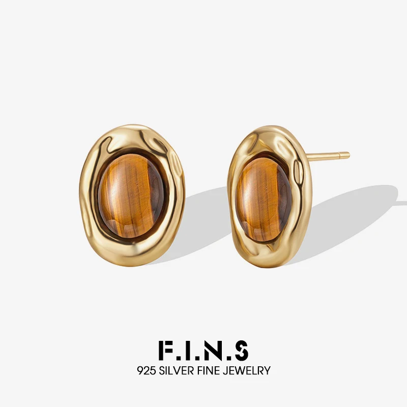 

F.I.N.S S925 Sterling Silver Tiger's Eye Stud Earrings for Women Vintage Oval Stone Piercing Ear Studs Fashion Fine Jewelry