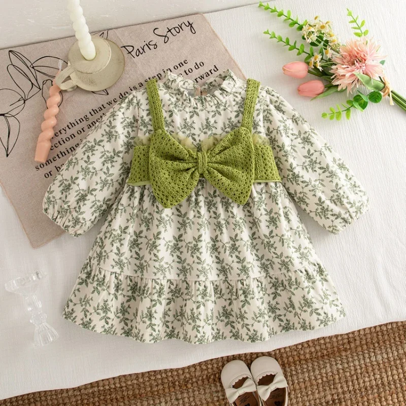 

2025 Autumn Spring Newborn Baby Girl Princess Dress Fake Two Piece Long Sleeve Dress with Bow Floral Pattern For 1-3Y