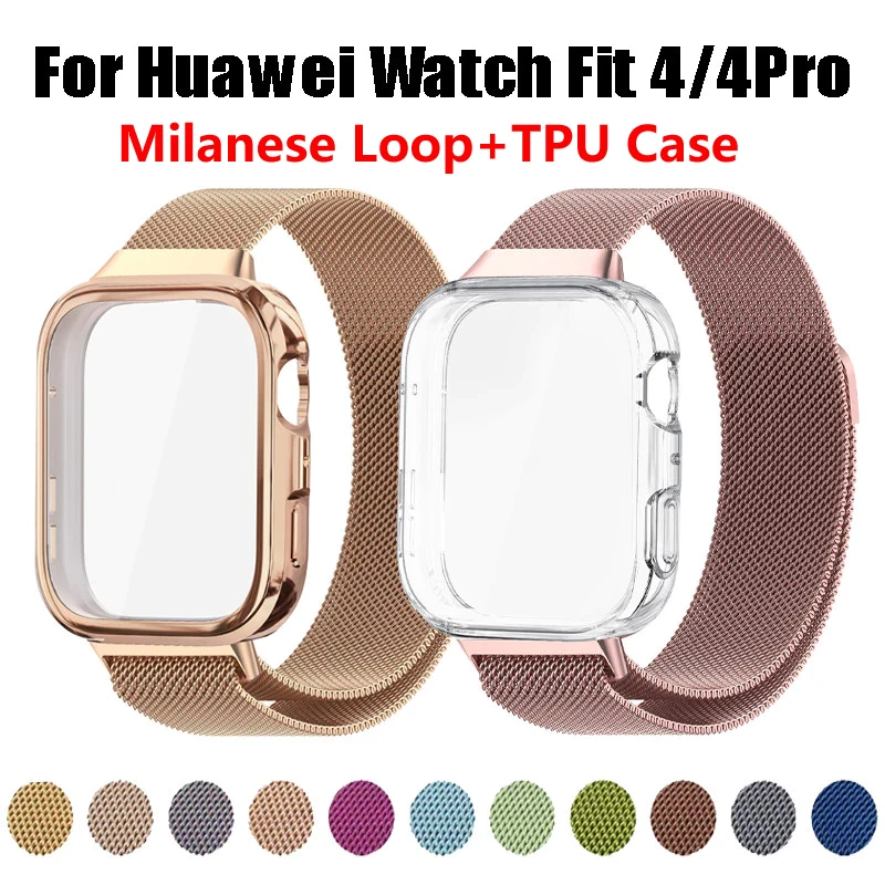 حزام معدني لساعة Huawei Watch Fit 4 Fit4Pro سوار + حافظة من البولي يوريثان واقي شاشة حلقة ميلانيزية لساعة Huawei Watch Fit 4 Pro