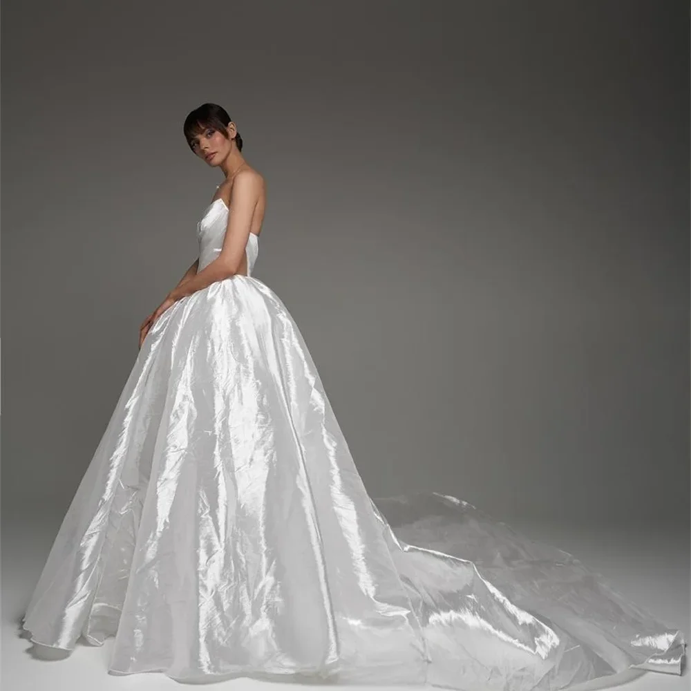 

Wrinkled Waist Hollow Wedding Dress Lace Up Simple Sleeveless Vest A-line Strapless Long Evening Dress