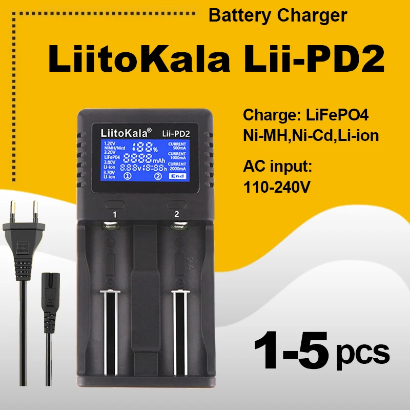 1-5PCS LiitoKala Lii-PD2 18650 Battery Charger for 3.7V Li-ion 18650/18500/16340/26650/21700 /20700/18350/CR123A 1.2V battery