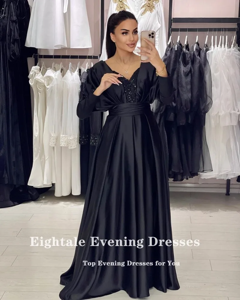 Eightale Formal Evening Dresses for Wedding Party Black V-Neck Satin Floor Length Long Sleeves Customized Arabic Prom Gowns