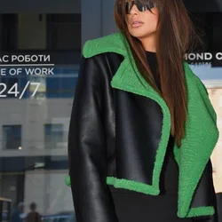 Warm Thick PU Leather Women Coat Green Teddy Lined Moto Jackets 2024 Winter New Popular Streetwear Casual Zipper Fly Pullovers