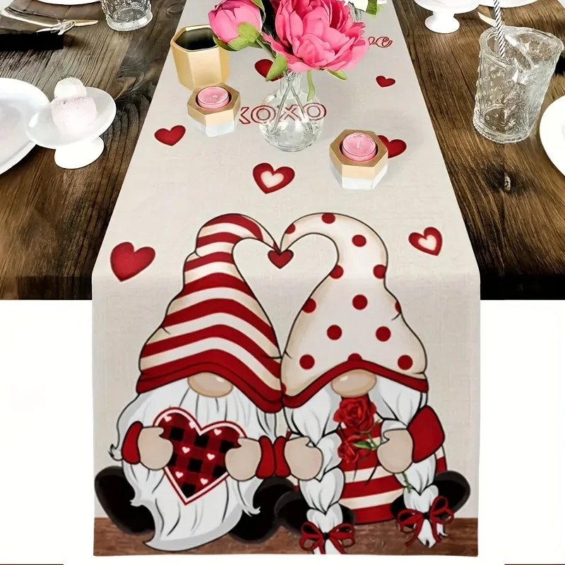 1 Piece Valentine's Day Gnome Couple Table Runner - Red Heart Design, Suitable for Dinner Parties, Holiday Parties, Family Gatherings, Children's Activities, Themed Cafes, Home Decoration, Christmas Markets, Cozy Tea Parties