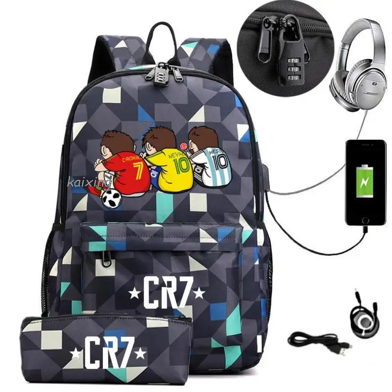 17 inch CR7 Backpack Anti Theft USB Charge Backpack Waterproof Women Men School Bag Teenage Girls Boys Travel Bags