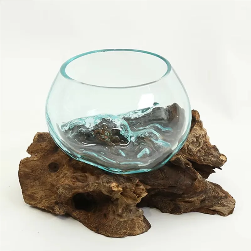 

Melted glass tabletop vase, driftwood sculpture unique decorative pieces
